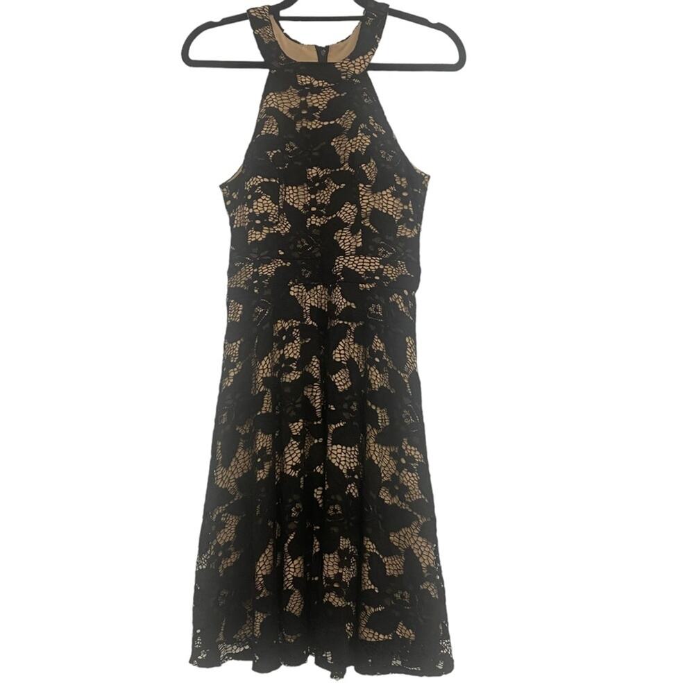 Women's INC Size 6 Nude and Black Lace Halter Cocktail Dress with Bra Padding
